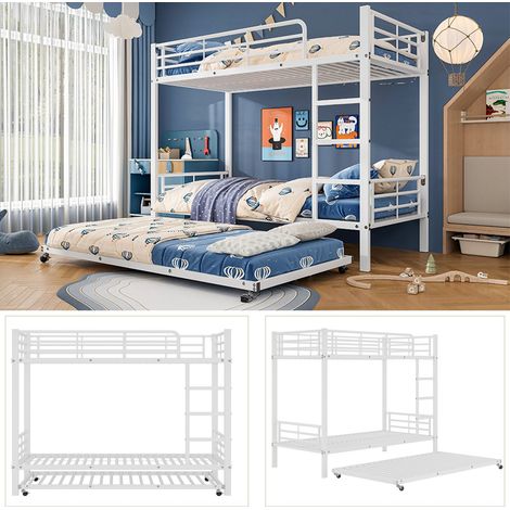 Lit superposé 90 x 200 cm et 90 x 190 cm, métal blanc, avec lit gigogne et barrières de sécurité (1/5)