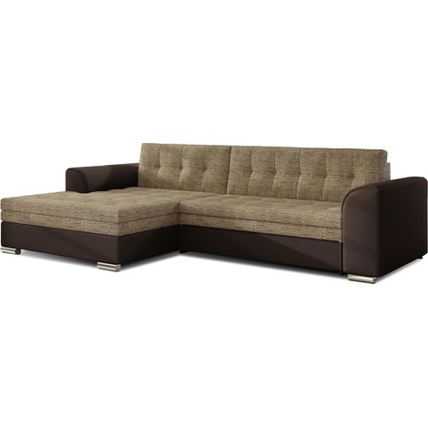 Canapé d'angle convertible tissu et simili cuir KAPONA - Pieds acier chromé angle gauche-Marron/Beige chiné-angle gauche (1/5)