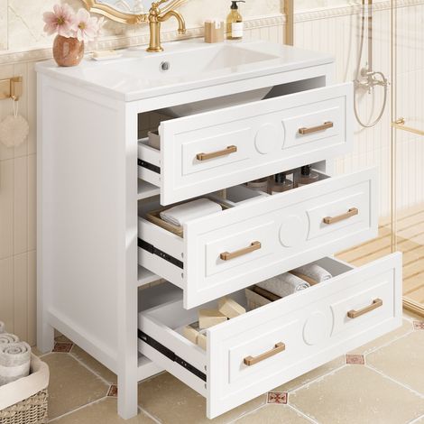 Ensembles meuble de salle de bains, lavabo sur pied 76,5x47x82cm, entièrement laqué, trois tiroirs à ouverture silencieuse, blanc (1/5)