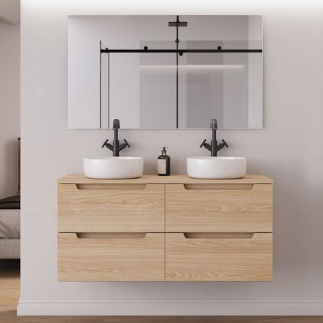 Meuble de salle de bain 140cm avec plateau et 2 vasques à poser rondes - 4 tiroirs - roble era (chêne clair) - SONRIZA (1/5)