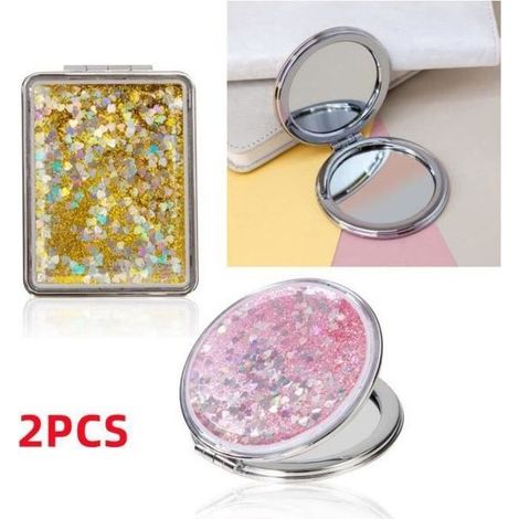 Mini miroir pliable de poche pour maquillage - Rose/Or - 2x Loupe - Léger et compact (1/4)