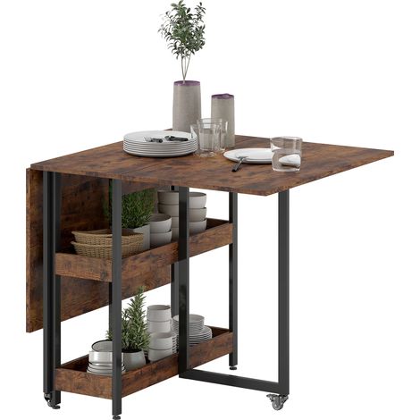 Table à manger pliante industrielle 4 personnes métal marron étagères ouvertes L130 x L80 x H75 cm