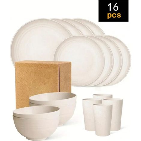 Ensemble de couverts en plastique beige (16 pièces), comprenant assiettes, bols et tasses. (1/5)