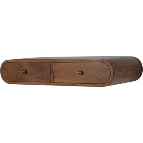 Console murale flottante en bois massif châtaignier, 2 tiroirs, style scandinave moderne, pour salon ou entrée, marron foncé (1/4)