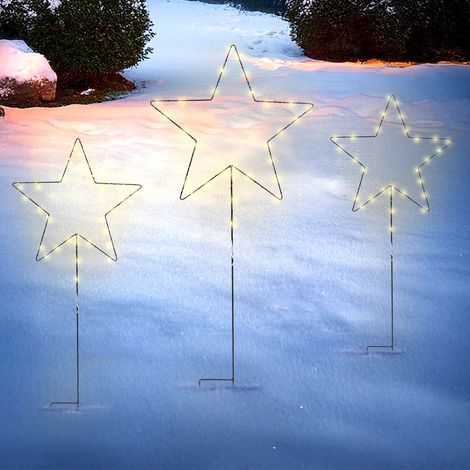LED Gartenstecker Stern 3er Set - 28 / 24 cm - Garten Deko Beleuchtung Weihnachten Advent Winter - mit Timer Funktion Batterie betrieben