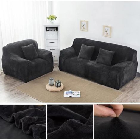 Housse de Canapé Extensible,1 Pièce Velours Revêtement de Canapé Élastique, 3Places Couvre pour Canapé Protege de Meubles-Noir (1/4)