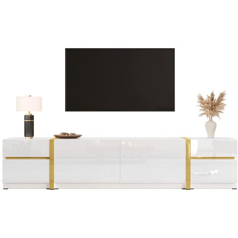 Meuble TV luxueux, finition brillante, bords dorés, avec tiroirs et portes, style moderne, offrant un grand espace de rangement pour le salon. (1/5)