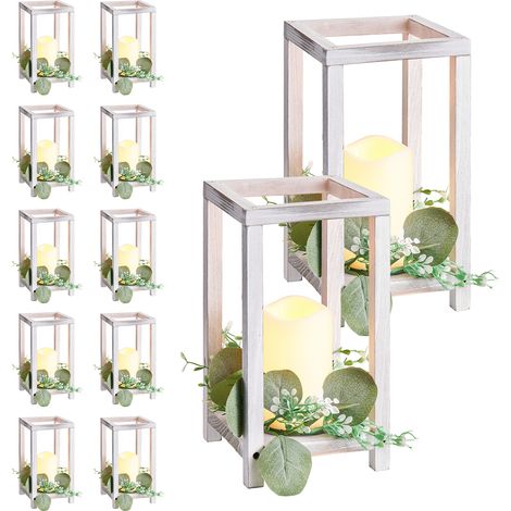 Mophorn Faroles de Madera para Bodas, Juego de 12 con Velas LED y Coronas de Flores, 140 x 140 x 254,8 mm, Candelabros para Decoración de Mesa Rústica en Bodas y Fiestas, Color Blanco (1/5)