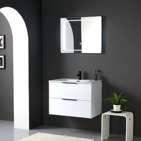 Mueble De Baño Suspendido Blanco Brillante Con Manija Negra Espejo Led Touch Parigi