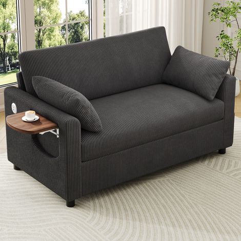 Canapé 2 places aus Cord in Grau, ausziehbar mit Schlaffunktion, USB/USB-C, Klapptisch, 134x82x84 cm (1/5)