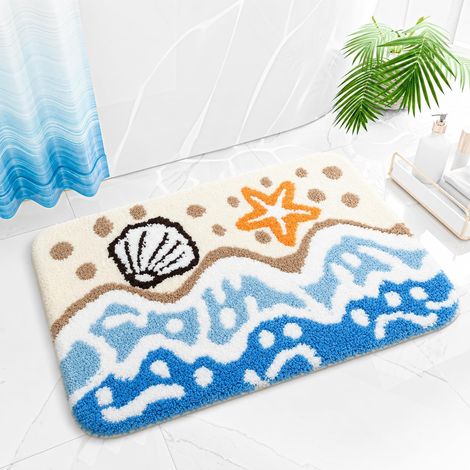 Tapis de Bain Motif Côtier, Plage Océan Vagues Tapis antidérapant, Style Marin Tapis de Salle de Bain, Étoile de Mer 3D Coquillage Thème Littoral Décoration, Tap (1/5)