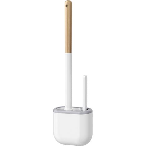 Cepillo de baño 2 en 1 con mango largo de madera, de montaje en pared, cabezal de silicona para una limpieza profunda y completa, color blanco.
