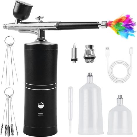 Kit aérographe avec compresseur, kit aérographe portable sans fil, rechargeable, pistolet pulvérisateur multifonction double action pour nail art, tatouages, maquillage, modélisme, noir (1/5)
