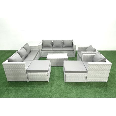 Fimous Salon de Jardin en rotin avec 2 Fauteuil Table basse oblongue 2 Grand tabourets Table d'appoint Gris clair mixte (1/4)