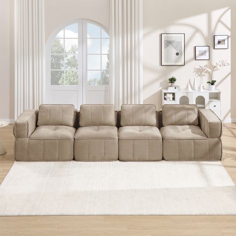 Canapé modulaire droit 4 places, canapé nuage sans cadre en polyester, mousse haute densité 32D, assise profonde antidérapante, sans montage, 344 x 93 x 67 cm, Sable, pour salon et appartement