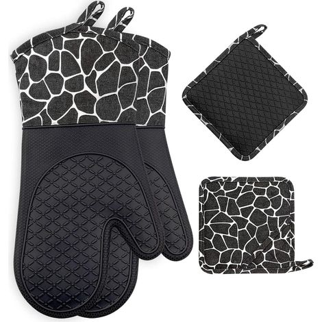 Gant de cuisine, maniques de cuisine antidérapantes en silicone et coton résistant à la chaleur, 1 paire et 2 maniques (noir)