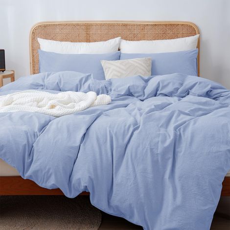 Parure de lit 135x200 coton 4 pièces, Ensemble de literie stonewashed bleu clair similaire au lin, hypoallergénique et respirant, 1 housse de couette et 2 taies d'oreiller 80x80 (1/5)