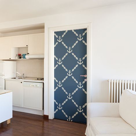 Sticker Porte Ancres Blanches sur Bleu - Déco Intérieure 204cm x 83cm - WSH pour Portes (1/4)