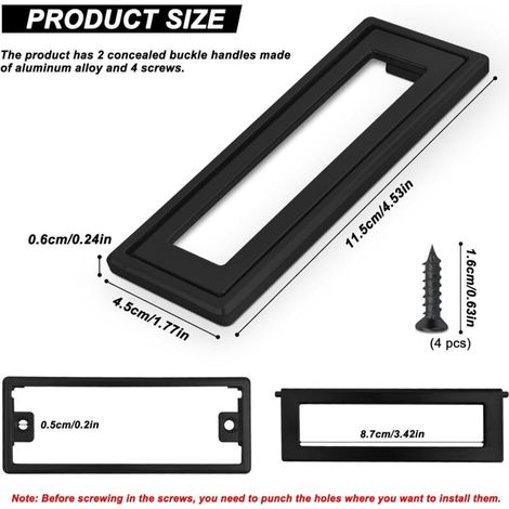 Lot de 2 poignées de porte encastrées carrées noires, 4,53 x 1,77 pouces, pour armoires et tiroirs, en alliage de zinc, pour trappe en métal, plates (1/3)