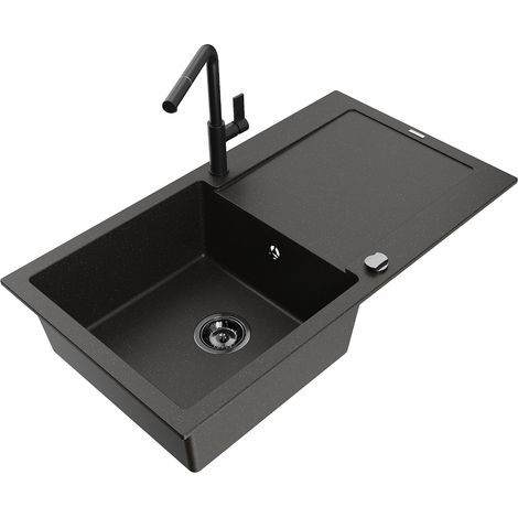 Mexen Leo lavello da cucina in granito, 1 vasca con gocciolatoio e miscelatore Flora, nero/oro metallico - 6501-75-670401-70-B (1/5)