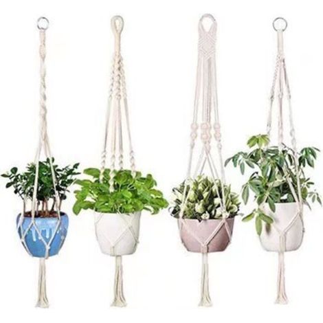 4er Panier Suspendu En Macramé, Corde De Coton Panier Suspendu Pot De Fleur Support De Plante En Macramé Robuste Panier Suspendu 4 Pieds 41 Pouces Cintre Tissé À La Main Pour Balcon Jardin Décoration (1/5)