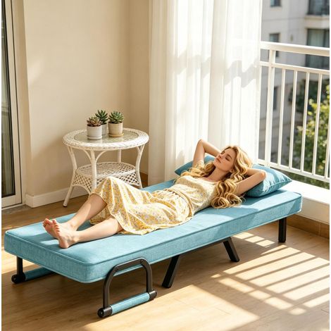 Fauteuil convertible 190x74x26 cm bleu en lin et métal 3-en-1 avec dossier réglable (1/5)
