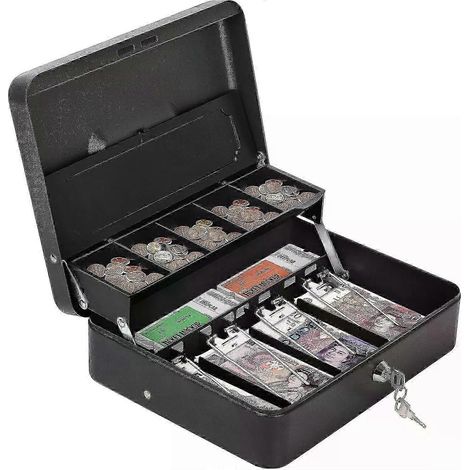 Coffre-fort métallique double couche avec serrure à clé, coffre-fort portable pour billets et pièces, 30,5 x 23 x 10 cm, plateau fixe et 2 clés (1/5)