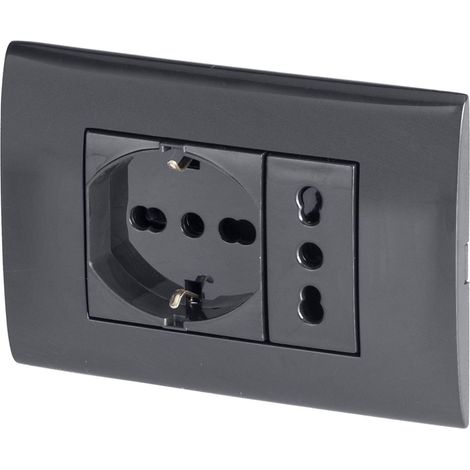Kit d'encastrement avec postes de prise de courant électrique Pluristandard Schuko 10A/16A prise et prise USB 2.1A Prise murale noire avec boitier rectangulaire pour fixation (1/5)