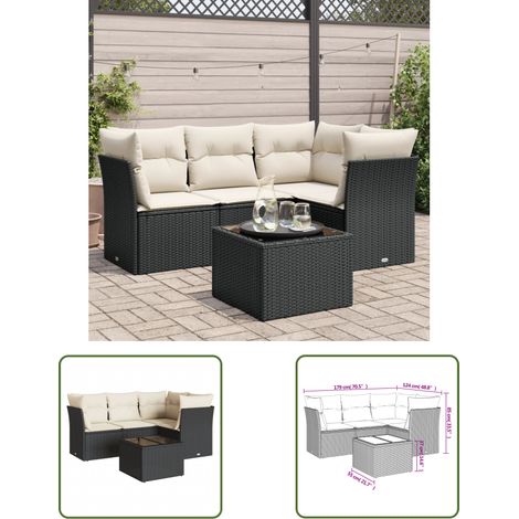 The Living Store 5-tlg. Garten-Sofagarnitur mit Kissen Schwarz Poly Rattan - Gartenmöbel Set - PE-Rattan Möbel - Outdoor Sofa - Esstisch Set - Balkonmöbel