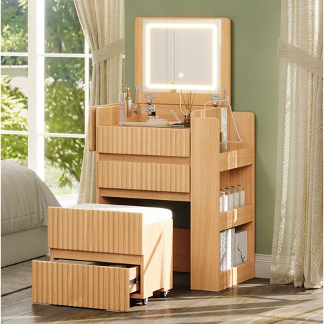 Coiffeuse avec miroir LED rabattable 79x40x120 cm, prises USB et Type-C, 3 tiroirs, tablette pliante, naturel (1/5)
