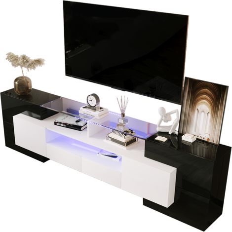 Meuble TV élégant, panneau bas. Blanc brillant et noir, 200 cm, éclairage LED, meuble de salon. Design moderne. Élégante surface en verre. (1/5)