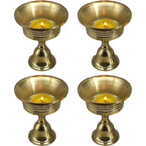 Juego de 4 lámparas de ghee, mantequera, portavelas de latón dorado, lámpara de aceite tibetana, accesorios para altar budista////.