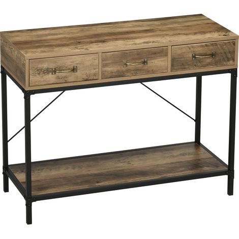 Table console industrielle 3 tiroirs 1 plateau aspect bois marron clair noir 100 x 35 x 76,5 cm