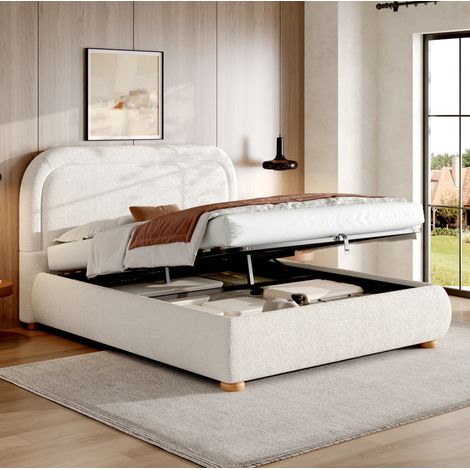 DESVIAE Lit double rembourré avec rangement hydraulique 160 x 200 cm tête de lit bouclée sommier à lattes blanc (1/5)