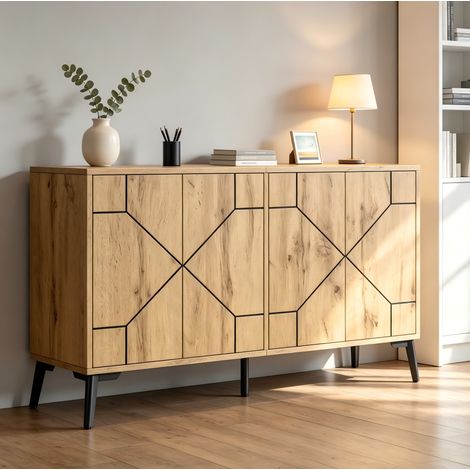 Aparador/mueble de almacenamiento para salón con 4 puertas, 4 compartimentos, cierre push-pull, patas metálicas, acabado en roble natural, 120x35x69 cm (1/5)