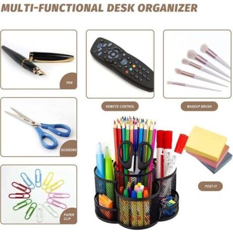 QORVA-Porte-Stylo En Maille Pour Bureau, Organiseur De Bureau Rotatif À 360 Degrés Avec 7 Compartiments, Organiseur Stationnaire En Métal, Grand Organiseur De Fournitures De Bureau Pour L'Art De L'Éco