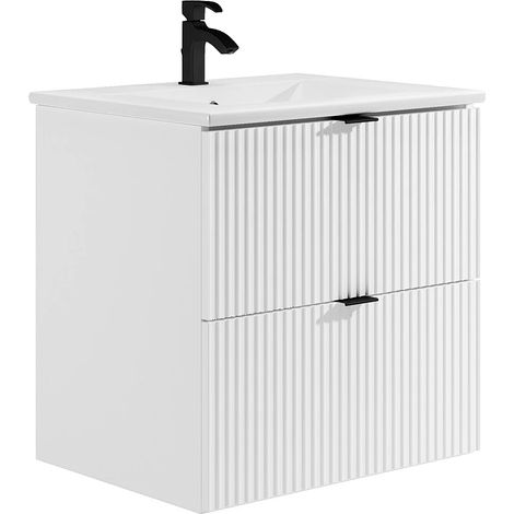 Meuble de salle de bain suspendu strié avec vasque à encastrer - Blanc mat - 60 cm - ZEVINI (1/5)