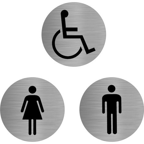 Plaque de porte autocollante - Diamètre : 75 mm - 100 % aluminium - Pour femmes, hommes, personnes handicapées - Vestiaire - Plaque de porte pour toilettes (A) (1/5)