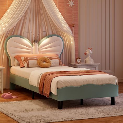 Kinderbett Einzelbett 90x200cm Polsterbett mit verstellbarem Schmetterling-Kopfteil und LED-Leseleuchten Jugendbett Kunstleder Blau