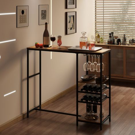 Table de Bar de 122x41 cm Table à Manger de Bar avec Étagères de Rangement Casiers à Vin et Porte-verres à Pied Brun Rustique (1/3)