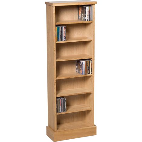 Hallowood Furniture Waverly Oak CD Shelf Unit, 7-Tier Solid Wooden Narrow CD Storage Tower, Media Storage Display Cabinet for CDs, DVDs, Books, Light Oak Furniture or Living Room, Bedroom & Office (1/5)