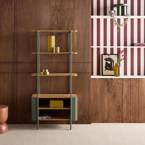 Etagère bibliothèque métal courbé et décor bois 6 niveaux vert - Molto
