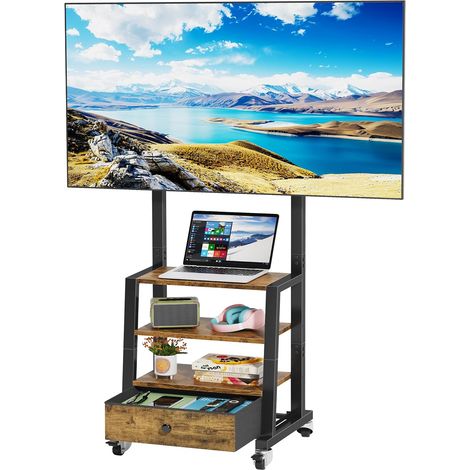 Support TV roulettes pour TV de 32 à 60 Pouces, Support TV sur Pied avec Tiroir Tissu et Rangement Etagère, Pied TV Mobile Hauteur Réglable, Max. Vesa 400x400 mm, Jusqu'à 40 KG, Brun Vintage (1/5)
