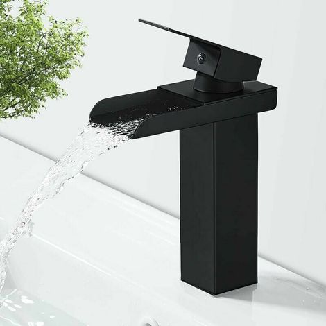 Matte black RTGPT waterfall bathroom tap, brass basin mixer with hot and cold water, ceramic valve, concave waterfall design, G 3/8.