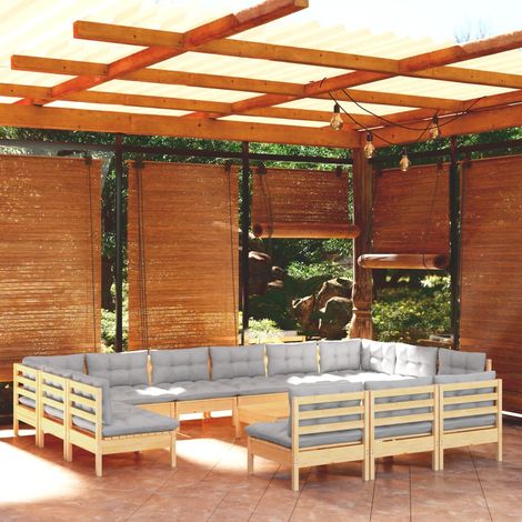 INLIFE Salon de jardin 14 pcs avec coussins gris Bois de pin massif (1/5)
