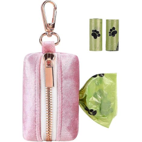 Distributeur de sacs à déjections canines en velours, porte-sacs roses pour chiens, s'attache à toutes les laisses, distributeur portable et lavable avec fermeture éclair en métal (1/4)