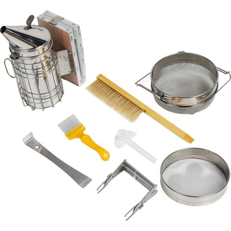 Kit de démarrage apiculture : brosse à abeilles, grattoir, pince à cadre, enfumoir, tamis double maille, abreuvoir (1/5)