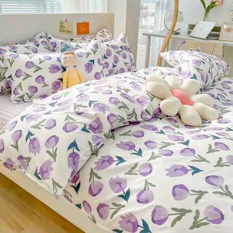 Parure de lit 4 pièces en coton brossé épais, style simple, respirant et doux pour la peau