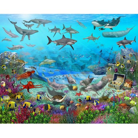 Papier peint Atlantide, animaux marins, bateau pirate et trésors 305x244 cm (1/3)