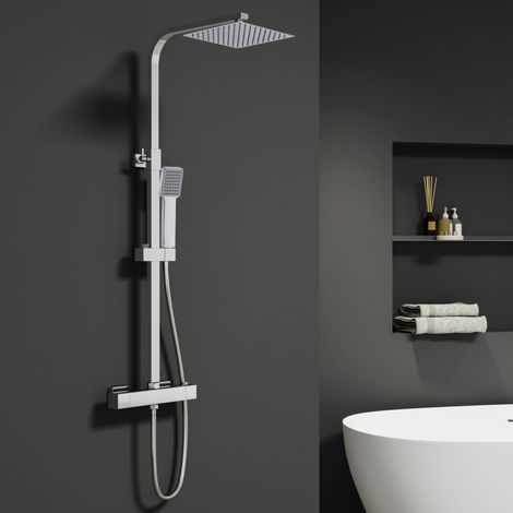 Columna de Ducha Termostática Ducha Casa cromado alcachofa cuadrada y ducha superior grande 20cm con barra redonda regulable (1/5)